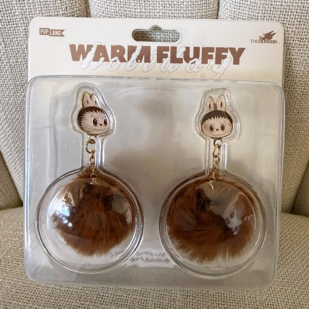 NIB Pop Land warm fluffy holiday LABUBU pompom EARRINGS brown NEW The monsters